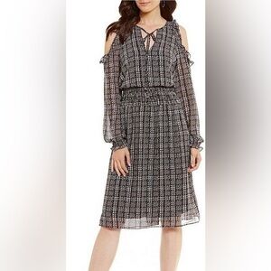 Michael Kors Tweed Haberdashery Print Georgette Cold Shoulder Midi Dress